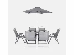 Outlet Sweeek Mesa de jardín de acero con 6 sillas y 1 sombrilla Gris