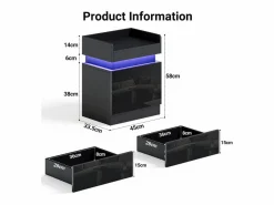 DripeX Mesa de noche con tira LED multicolor y 2 cajones de almacenamiento, cama de noche con espacio de almacenamiento en el nivel superior, 45x33.5x58 cm,