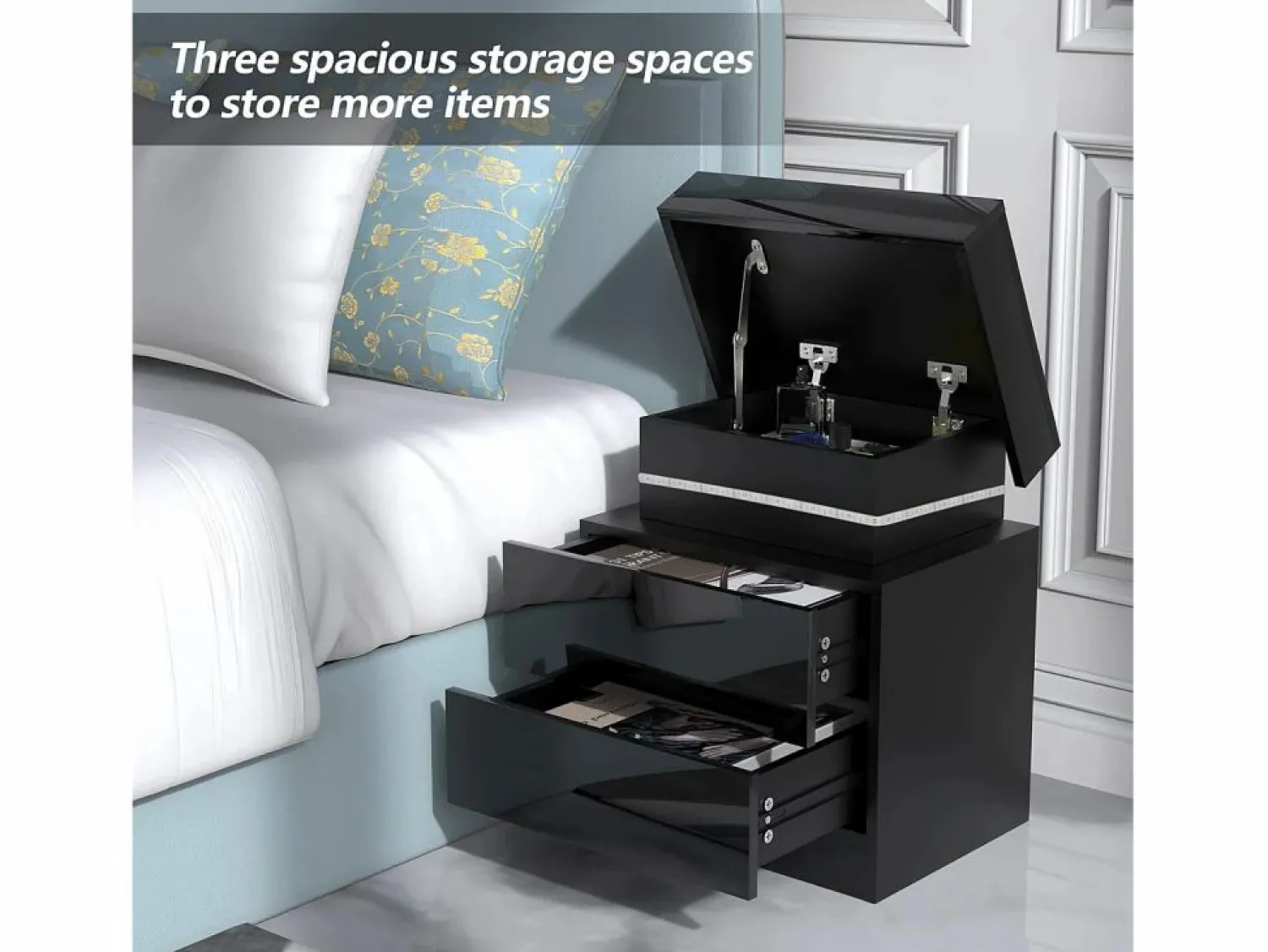 DripeX Mesa de noche de alto brillo con luces LED, gabinete de desacción 2 cajones muebles de dormitorio de mesa nocturna - 45x35x52cm -