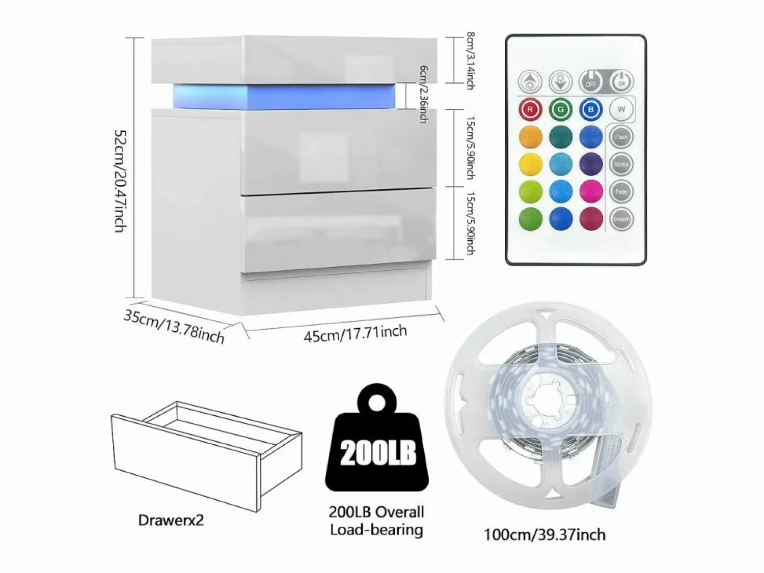 DripeX Mesa de noche de alto brillo con luces LED, outro de ahogamiento 2 cajones muebles de dormitorio de mesa nocturna - 45x35x52cm -