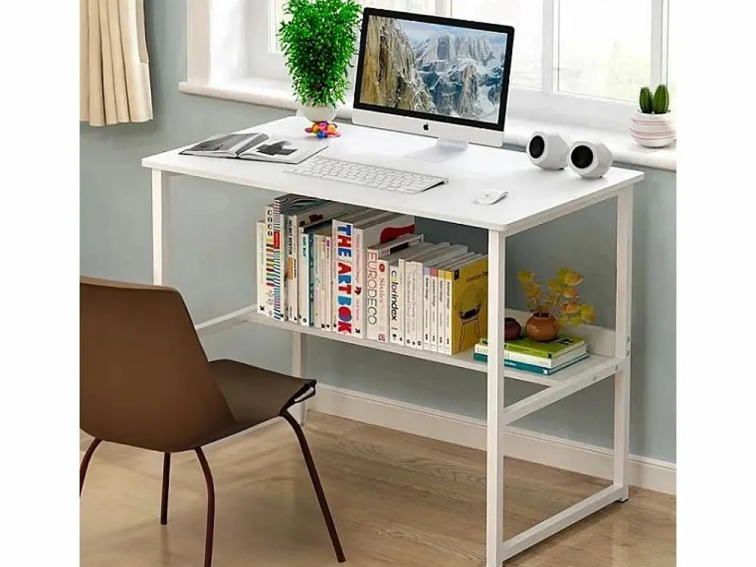 Mesa de ordenador blanca para jovenes con estante moderna 100 cm