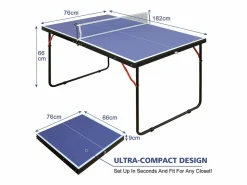 Mesa de ping pong plegable portátil, superficie de MDF antideslizante, , con red, 2 palas y 3 pelotas (137,2 x 76,2 x 66 cm)