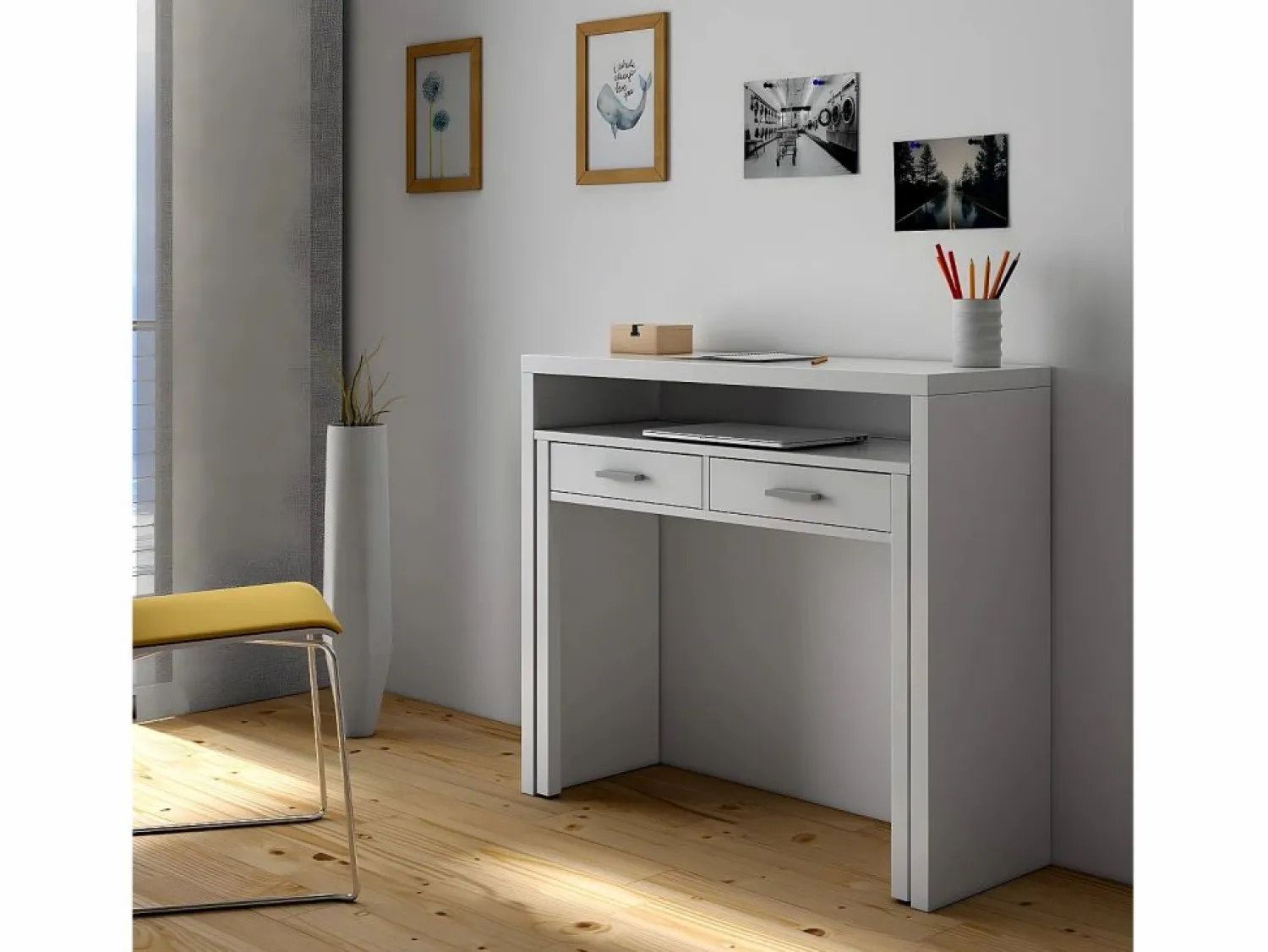 Loungitude Mesa escritorio extensible con 2 cajones - L100 cm - Consola