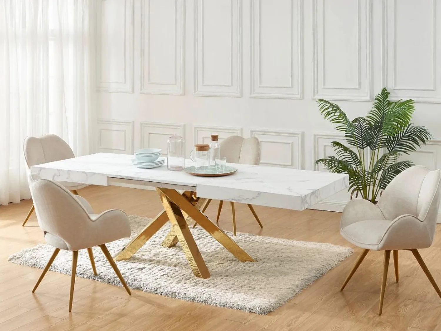 Best Vente-unique Mesa extensible 6 a 10 cubiertos de MDF y metal - Efecto mármol y dorado - CATONAV Blanco