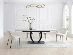 Outlet Maison Céphy Mesa extensible de comedor en cerámica y metal negro - Efecto mármol blanco - OLIFIA Negro / Blanco