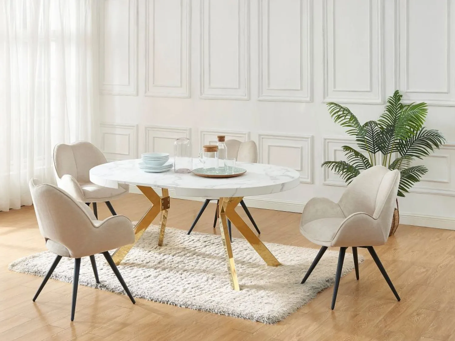 Vente-unique Mesa extensible para 4 a 8 personas de MDF y acero - Efecto mármol blanco y Dorado - KOMONI