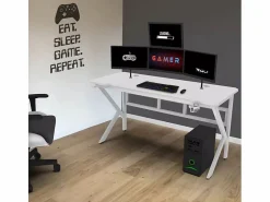 Sale Mesa gamer ergonómica de carbono con cables para auriculares y bebidas 160x60cm Sportbot 160 - Blanco