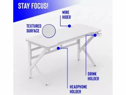 Sale Mesa gamer ergonómica de carbono con cables para auriculares y bebidas 160x60cm Sportbot 160 - Blanco