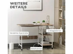 Clearance Mesa plegable móvil, con estante, MDF, natural, 107x55x76 cm, con ruedas, para oficina y espacio de trabajo Blanco