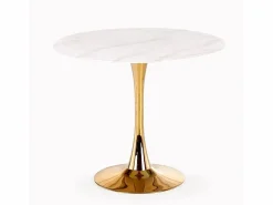 New Mesa redonda con tablero de cristal imitación mármol y pata central de acero dorado BOOTIS Mesa Extensible|Mesa De Comedor