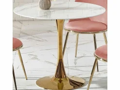 New Mesa redonda con tablero de cristal imitación mármol y pata central de acero dorado BOOTIS Mesa Extensible|Mesa De Comedor