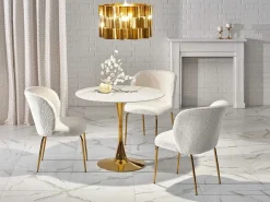 New Mesa redonda con tablero de cristal imitación mármol y pata central de acero dorado BOOTIS Mesa Extensible|Mesa De Comedor