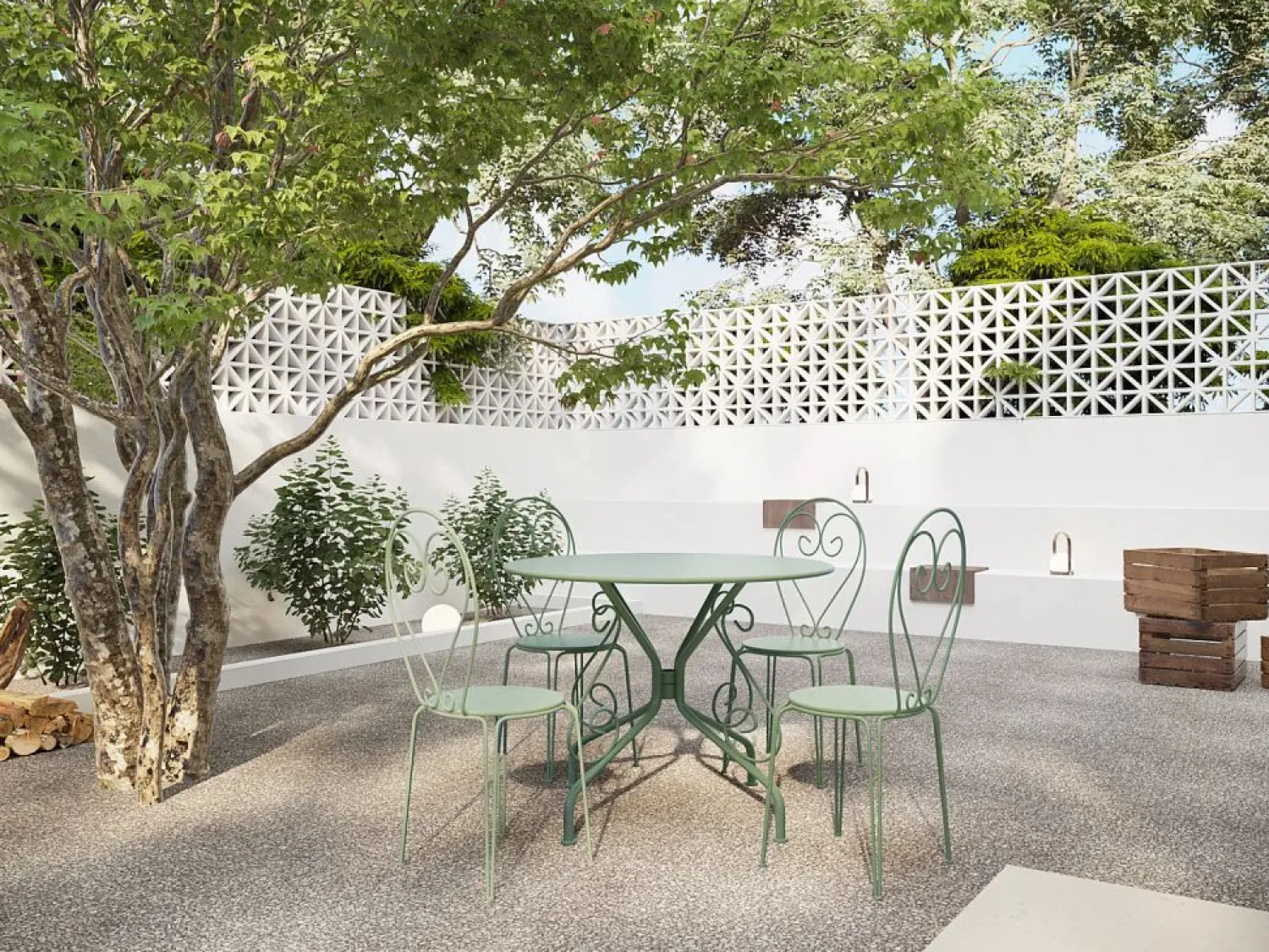 Clearance MYLIA Mesa redonda de jardín D.120 cm de metal tipo hierro forjado - - GUERMANTES de Verde almendra