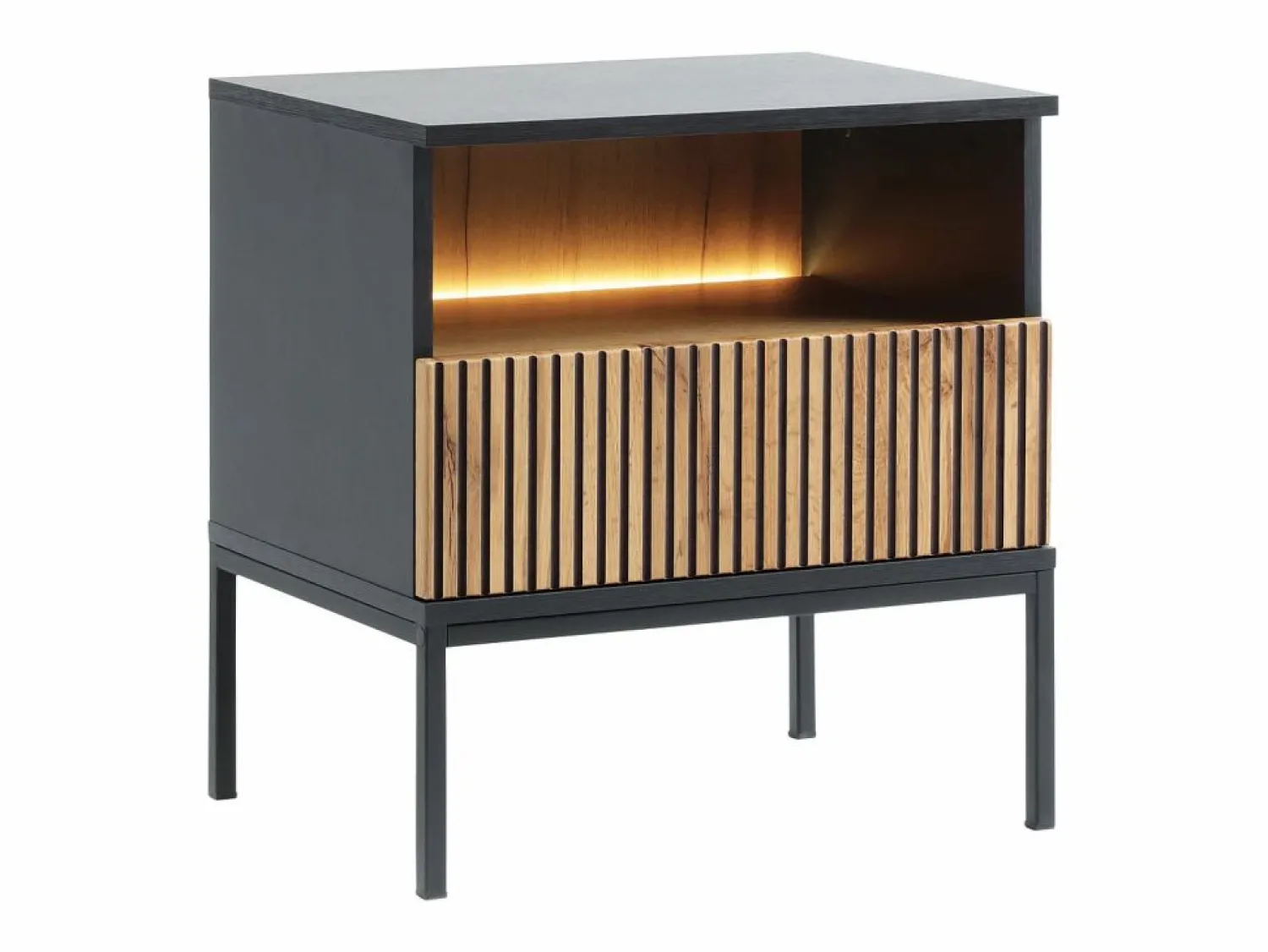 Discount Vente-unique Mesita de noche 1 cajón y 1 estante con LEDs color negro y natural - OVILA Negro / Color natural claro