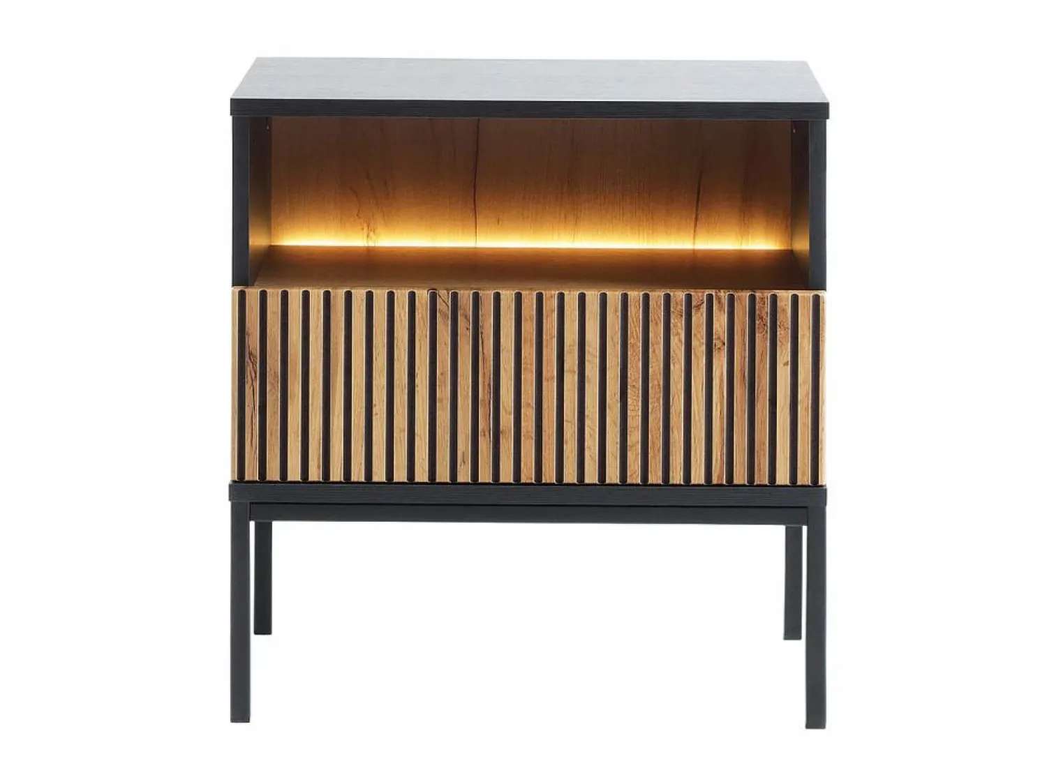 Discount Vente-unique Mesita de noche 1 cajón y 1 estante con LEDs color negro y natural - OVILA Negro / Color natural claro