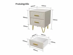 Mesita de noche con 2 cajones, juego de 2, mesita de noche, mesa auxiliar con patas y tiradores de metal dorado, beige