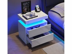 Best Mesita de noche con 2 cajones - Mesita de noche con iluminación LED - blanca - para dormitorio Blanco