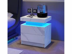 Best Mesita de noche con 2 cajones - Mesita de noche con iluminación LED - blanca - para dormitorio Blanco