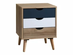 Vente-unique Mesita de noche con 3 cajones, blanco natural y azul marino - LURVIA