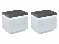 Vente-unique Mesita de noche Conjunto de 2 con 2 cajones en MDF lacado con LEDs blanco y cemento - HALO II