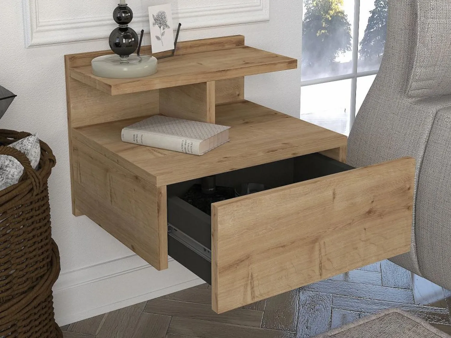 Online Mesita de noche flotante con 1 cajón y 1 estante color natural - AZELNO Mesita De Noche