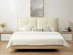 Vente-unique Mesita de noche (lado izquierdo) 2 cajones con LEDs MDF lacado blanco y natural - FLARANCIA