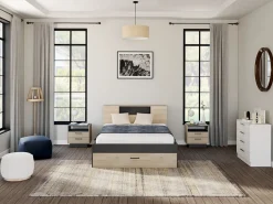 Vente-unique Mesita de noche lote de 2 con cajones y estante color natural y antracita - LEANDRE