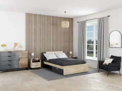 Vente-unique Mesita de noche lote de 2 con cajones y estante color natural y antracita - LEANDRE