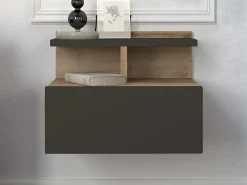 New Vente-unique Mesita de noche suspendida lote de 2 con 1 cajón y 1 repisa natural antracita - AZELNO Gris antracita / Color natural claro