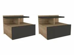 New Vente-unique Mesita de noche suspendida lote de 2 con 1 cajón y 1 repisa natural antracita - AZELNO Gris antracita / Color natural claro