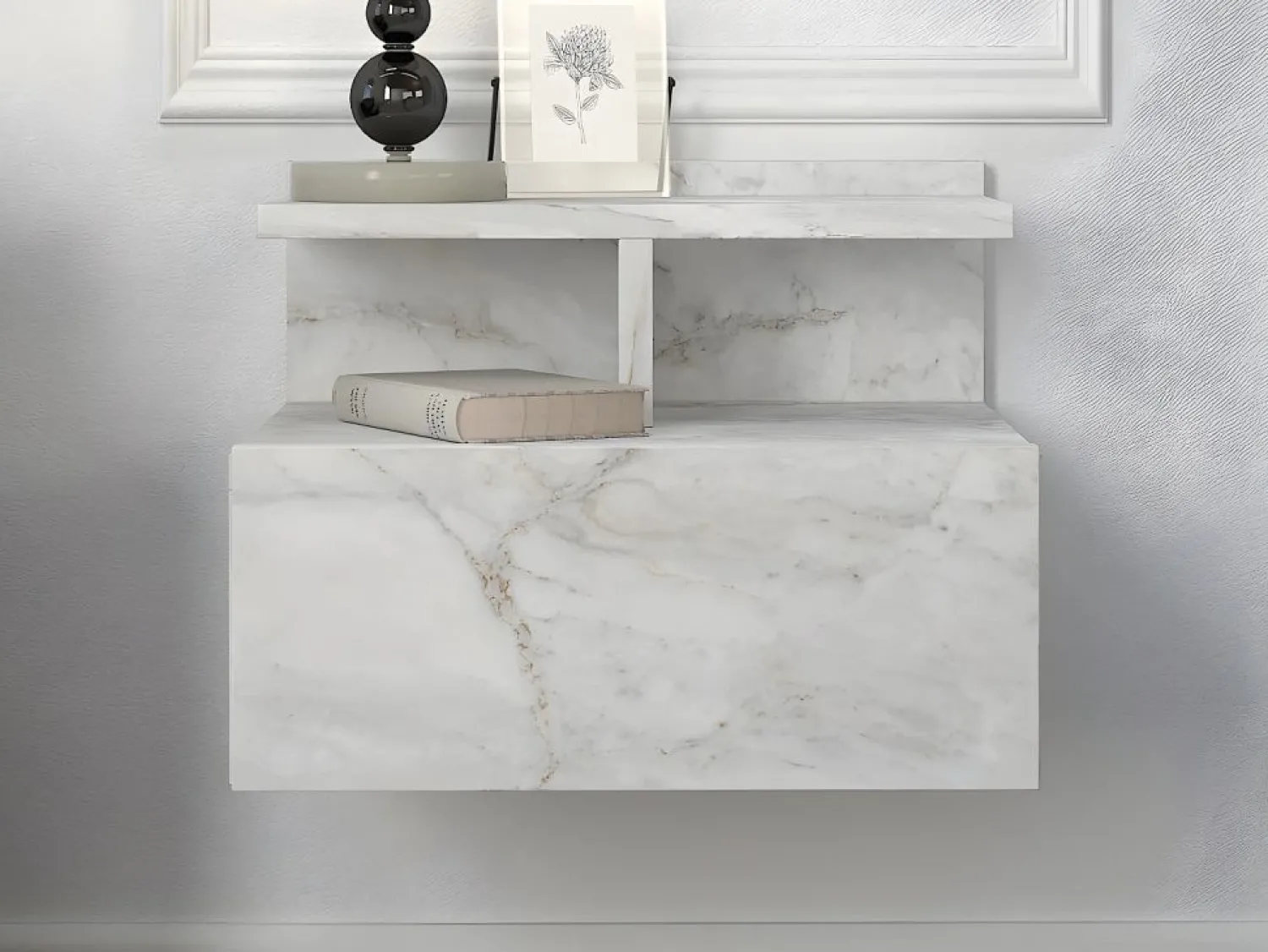 Sale Vente-unique Mesita de noche suspendida conjunto de 2 con 1 cajón y 1 estante efecto mármol - AZELNO Blanco