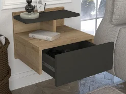 Outlet Vente-unique Mesita de noche suspendida con 1 cajón y 1 estante natural y antracita - AZELNO Gris antracita / Color natural claro