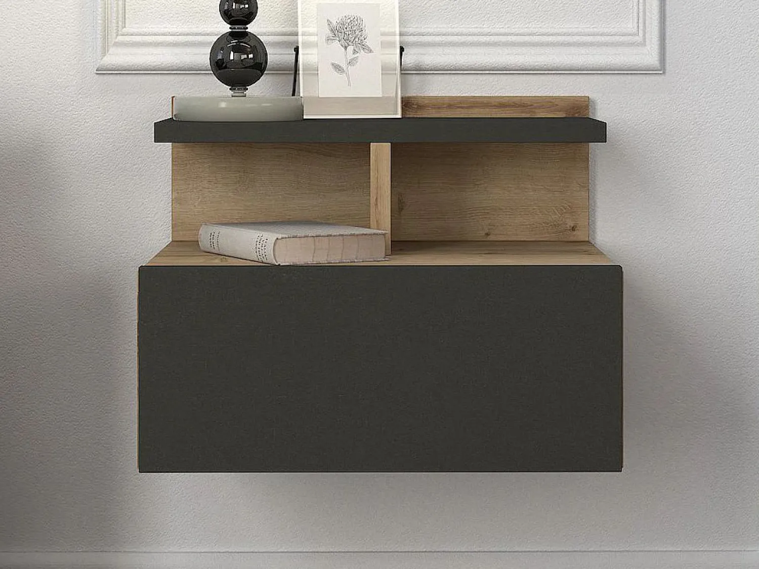 Outlet Vente-unique Mesita de noche suspendida con 1 cajón y 1 estante natural y antracita - AZELNO Gris antracita / Color natural claro