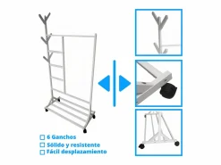 Hot Meyvaser - Vestidor portatil, Perchero portátil con ruedas de 180x100x35 Cm y 6 Ganchos en madera color . Blanco