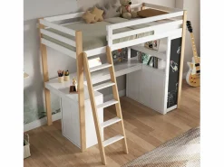 Outlet DripeX Mezzanine Bed with Office - 90 x 200 cm - 6 cajones grandes - cerca y escalera - Madera sólida y MDF - White Blanco