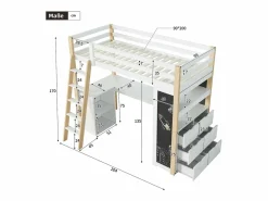 Outlet DripeX Mezzanine Bed with Office - 90 x 200 cm - 6 cajones grandes - cerca y escalera - Madera sólida y MDF - White Blanco