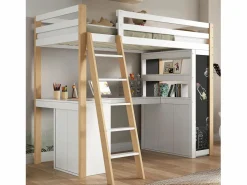 Outlet DripeX Mezzanine Bed with Office - 90 x 200 cm - 6 cajones grandes - cerca y escalera - Madera sólida y MDF - White Blanco