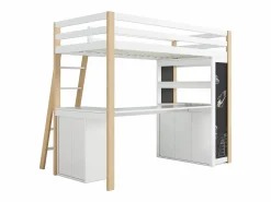 Outlet DripeX Mezzanine Bed with Office - 90 x 200 cm - 6 cajones grandes - cerca y escalera - Madera sólida y MDF - White Blanco