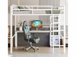 Sale ModernLuxe Mezzanine iluminado 140x200 cm - con escritorio - con puertos USB + Type-C - barandilla - escalera - (sin colchón) Blanco
