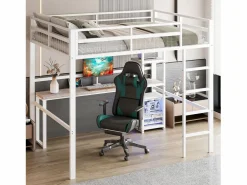 Sale ModernLuxe Mezzanine iluminado 140x200 cm - con escritorio - con puertos USB + Type-C - barandilla - escalera - (sin colchón) Blanco