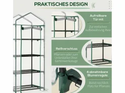 Mini invernadero con estantes, película de PVC resistente, estructura de acero, puerta enrollable, verde (70x50x160cm)