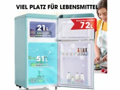 Best Mini nevera retro, 72 L en total, 21 L en congelador, 51 L en frigorífico, Clase energética E, LED, Diseño retro, Cian (45 x 44 x 91 cm) Electrodomésticos De Frío