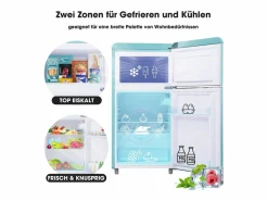 Best Mini nevera retro, 72 L en total, 21 L en congelador, 51 L en frigorífico, Clase energética E, LED, Diseño retro, Cian (45 x 44 x 91 cm) Electrodomésticos De Frío
