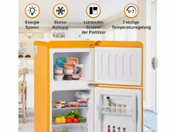 Discount Mini nevera retro, 60 L en total, 22 L en congelador, 38 L en frigorífico, clase energética E, LED, diseño retro, (88,8 x 45,5 x 42,5 cm) Amarillo