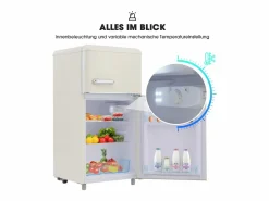 Mini nevera retro, 72 L en total, 21 L en congelador, 51 L en frigorífico, Clase energética E, LED, Diseño retro, (45 x 44 x 91 cm) Blanco