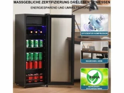 New Mini refrigerador de 128 L, congelador de 8 L + refrigerador de 120 L, 7 niveles de temperatura, LED, R600a, acero inoxidable, (40 x 43,5 x 110 cm) Negro