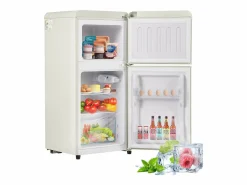 Mini refrigerador de doble puerta, 60 L en total, congelador de 22 L, refrigerador de 38 L, LED, plástico, crema (88,8 x 45,5 x 42,5 cm)