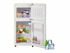 Mini refrigerador de doble puerta, 60 L en total, congelador de 22 L, refrigerador de 38 L, LED, plástico, crema (88,8 x 45,5 x 42,5 cm)