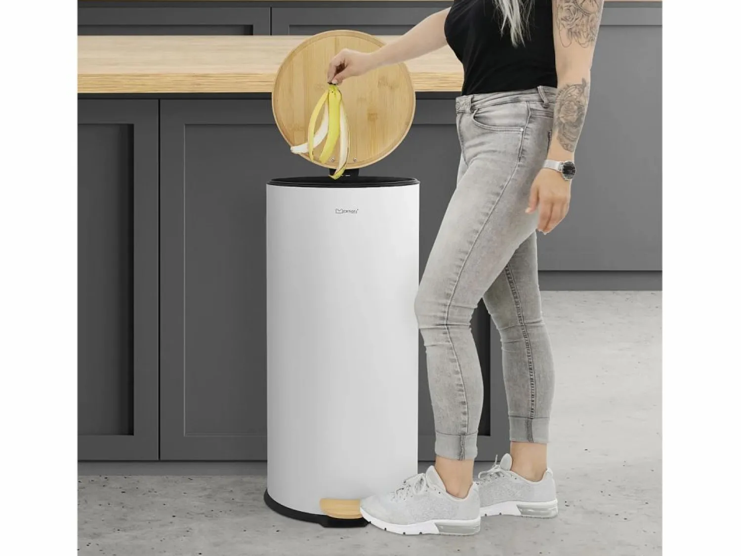 Sale ML-DESIGN Cubo de basura con pedal 30L papelera redonda acabado de acero inoxidable , tapa de bambú con cierre suave para hogar y oficinas Blanco