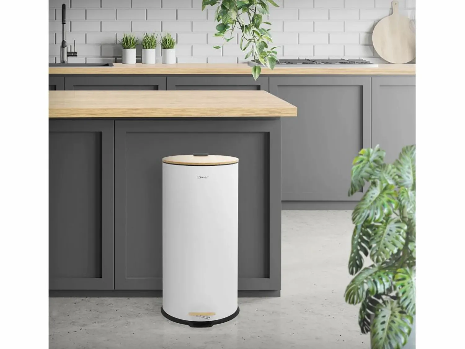 Sale ML-DESIGN Cubo de basura con pedal 30L papelera redonda acabado de acero inoxidable , tapa de bambú con cierre suave para hogar y oficinas Blanco